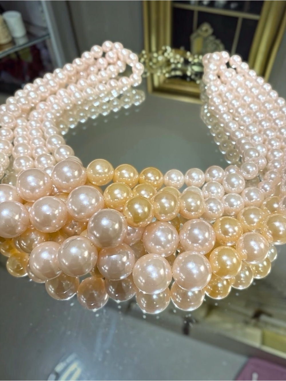 Vintage Richelieu Signed Pearl Statement Necklace 5 Strands Pink Cream Drape